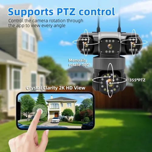 Miniatura 3 de Cámara de seguridad inalámbrica de 4 lentes al aire libre, imagen HD 2K PTZ 360° de vigilancia, visión nocturna a color, conexión WiFi, detección