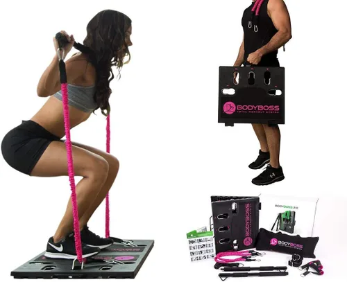 BodyBoss 2.0 por 1loop - Paquete completo de entrenamiento de gimnasio en casa, incluye 2 bandas de resistencia, barra de resistencia plegable, asas