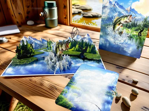 Miniatura 5 de Tarjeta de felicitación desplegable 3D – Tarjeta de pesca hecha a mano con lubina saltarina y lago escénico – Día del Padre, cumpleaños, jubilación