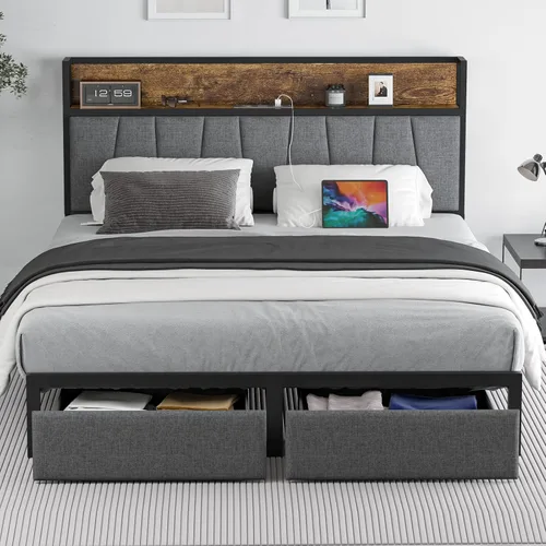 Cikunasi Base de cama tamaño Queen con cabecero y almacenamiento, base de cama con plataforma de cajones con estación de carga y luz LED, Gris