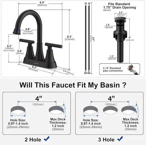 Miniatura 5 de Grifos de Baño para Lavabo de 3 Orificios, Hurran Grifo de Lavabo de Baño Negro Mate de 4 Pulgadas con Desagüe Pop-up y 2 Mangueras de Suministro, 2