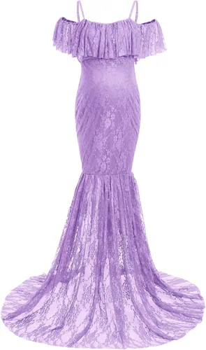 Miniatura 4 de Vestido de maternidad con volantes y hombros descubiertos para mujer, para fotografía, baby shower, vestido de sirena floral para sesión de fotos