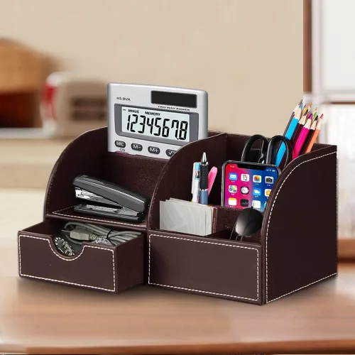 Miniatura 5 de Organizador de escritorio, organizador de escritorio de piel sintética y accesorios, suministros de oficina, almacenamiento multifuncional con 6
