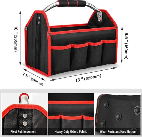 Miniatura 3 de HAUTMEC TB0001 - Bolsa de mano de 8 bolsillos con tapa abierta para electricista, marco rígido de 13 pulgadas, contenedor de herramientas