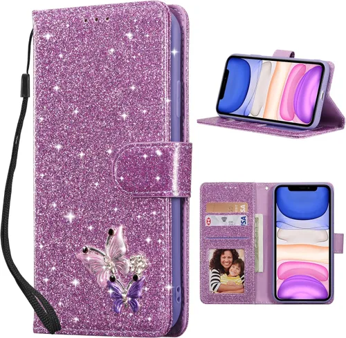 Miniatura 20 de UEEBAI Funda tipo cartera para iPhone 11, funda de piel sintética con purpurina para teléfono, ranuras para tarjetas, funda con función atril