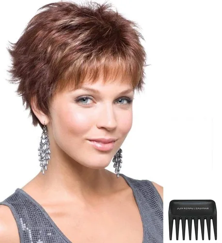 Bundle - 3 artículos: Peluca Lizzy por Rene Paris, Christy's Wigs Q & A Folleto & Peine de dientes anchos - Color: BURGUNDY ROSA