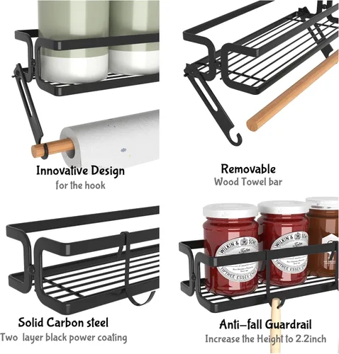 Miniatura 8 de Paquete de 3 soportes de pared para especias con soporte para toallas de papel y ganchos, estante de especias colgante con tornillo o adhesivo, Negro