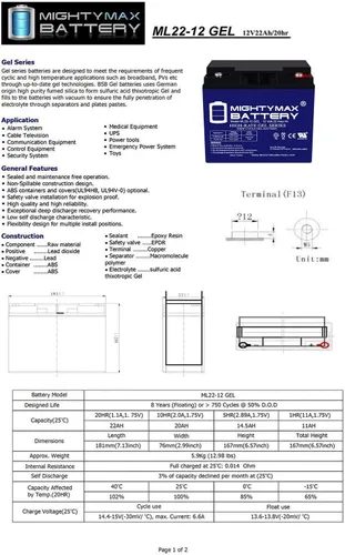 Miniatura 6 de Mighty Max Battery El gel de 12V 22AH reemplaza el refuerzo solar Pac ES1217, ES1230, ESP5500