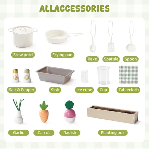 Miniatura 8 de ROBUD Juego de cocina de madera, cocina de juego de simulación para niños, cocina de juguete con microondas, fregadero, estufa y máquina de hielo