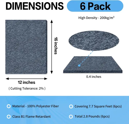 Miniatura 2 de BXI - Amortiguador de sonido - 6 unidades de panel de absorción acústica de alta densidad, de 16 x 12 x 3/8 de pulgada, reducen la reverberación