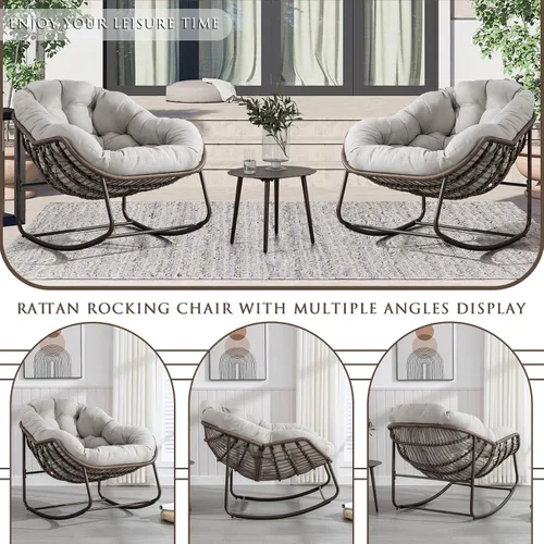 Miniatura 6 de Mecedora para patio al aire libre, cómoda silla mecedora de mimbre con cojín acolchado, silla de ratán de gran tamaño con marco de acero sólido