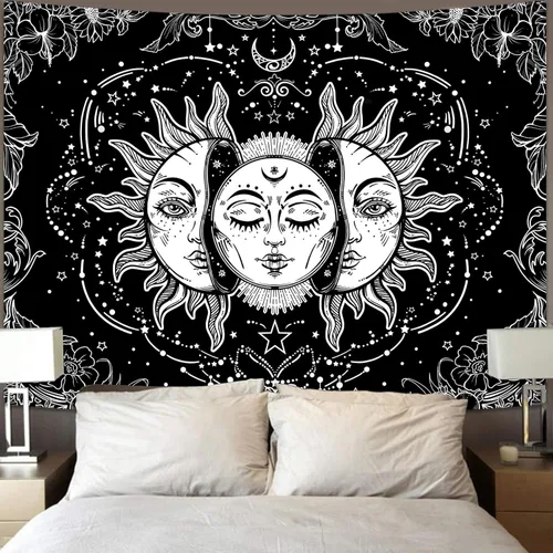Lifeella - Tapiz de sol y luna en blanco y negro, tapiz de sol ardiente, estético, místico, para colgar en la pared, decoración de dormitorio,