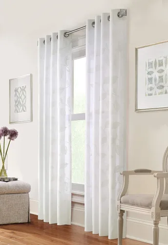 Loft Living Panel de cortina de lino sintético bordado con hojas de pedernal, 52 x 95 pulgadas, color blanco