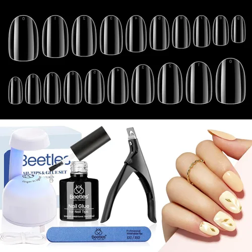 Miniatura 14 de Beetles Puntas de uñas de gel, set de extensión de uñas suaves 504 piezas, 12 tamaños, puntas de uñas cortas de almendra transparentes pre-dadas
