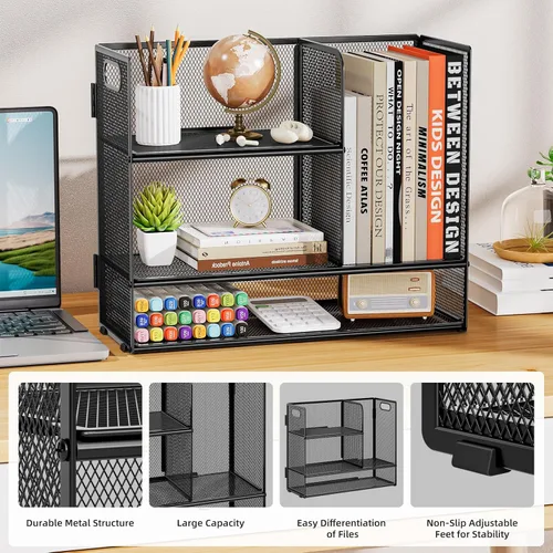 Miniatura 4 de Marbrasse Organizador de Estante de Escritorio de 3 Niveles con Asa, Soporte de Libros de Escritorio para Archivos, Organizador de Estante