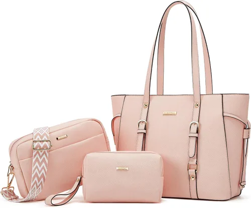 Miniatura 108 de Juego de 4 bolsas modernos para mujer de cuero sintético: bolso tote, bolso de hombro, bolso de mano y cartera.