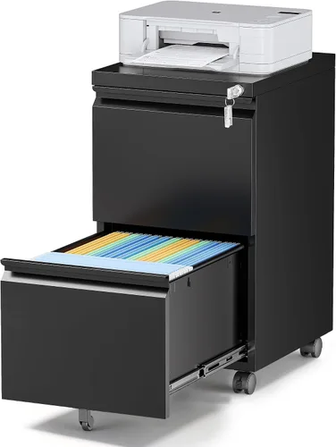 Miniatura 20 de Archivador de metal con 2 cajones con cerradura, gabinete archivador con soporte para impresora móvil y estantes para archivos de tamaño Negro