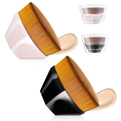 Paquete de 2 brochas de maquillaje de base para mezclar crema líquida, polvo impecable, rubor facial con funda protectora (cepillo hexagonal rosa y