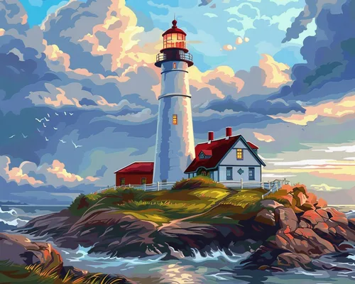 Miniatura 11 de Pintura de faro de fantasía, pintura dramática por números, 16 x 20 pulgadas, lienzo para bricolaje, pintura al óleo del océano tropical