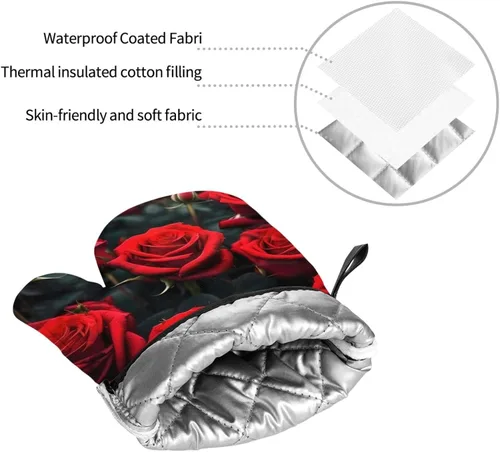 Miniatura 8 de Juego de manoplas y salvamanteles antideslizantes para horno y salvamanteles con diseño de rosas rojas, resistentes al agua, para hornear a