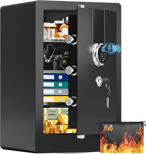 Caja de seguridad biométrica ignífuga grande de 23.62 pulgadas de alto, resistente acceso rápido con bolsa de documentos ignífuga, 3 estantes