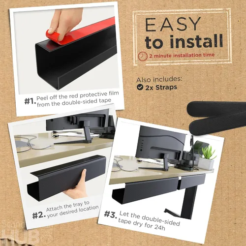 Miniatura 3 de Bandeja de gestión de cables debajo del escritorio sin tornillos - Instalación autoadhesiva, gestión de cables, bandeja de cables, organizador
