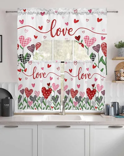 Miniatura 8 de Cortinas de Gnomos de San Valentín con Cenefa para Cocina, Cortinas con Bolsillo para Barra para Dormitorio, Sala de Estar, Baño, Cafetería, Negro