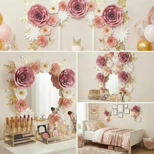Miniatura 7 de Grandes decoraciones de flores de papel para pared, decoración de pared de flores artificiales 3D con pegatina de mariposa dorada para habitación