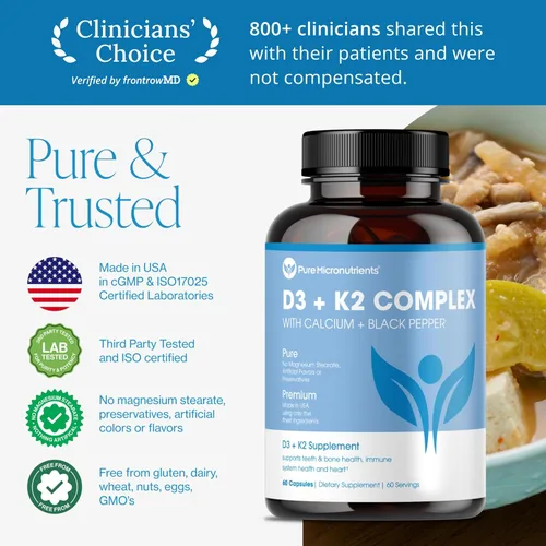 Miniatura 7 de Pure Micronutrients Suplemento de vitamina D3 K2 MK7 100mcg, D3 5000 iu, calcio + bioperina Salud muscular y ósea, corazón, inmunidad y apoyo