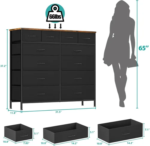 Miniatura 3 de VASICAR Cómoda para dormitorio con 12 cajones, cómoda alta de tela, cómoda compacta para armario, guardería, mesita de noche, sala de estar, Negro