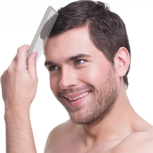 Miniatura 2 de Patelai Peine de metal de acero inoxidable para hombres, peine de peluquero de doble cara plateado, dientes anchos y finos, antiestático para cortar