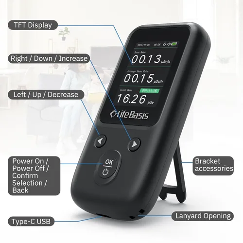 Miniatura 7 de LifeBasis Contador Geiger Detector de Radiación Nuclear, Dosímetro de Radiación con Pantalla TFT y Alerta Inteligente Portátil de Mano Monitor