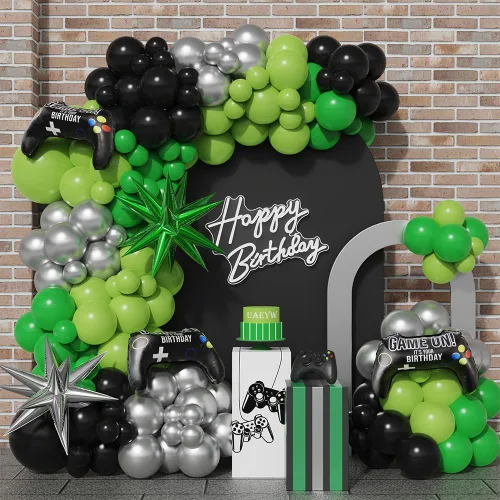 Kit de guirnalda de arco de globos de videojuegos, 144 unidades, color verde, negro y plateado, estrella explosiva, globos de Mylar para niños y