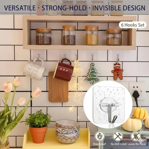 Miniatura 7 de Ganchos de pared adhesivos resistentes, acero inoxidable transparente, paquete de 12 – carga máxima de 24 libras, ganchos reutilizables impermeables