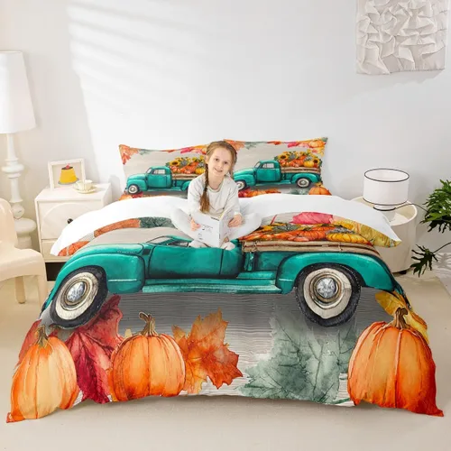 Fall Harvest Kids Duvet Cover Set Twin Size,Cartoon Truck Pumpkin Sunflower Bedding Set,Boys Girls Bedroom Decor,Wooden Plank Maple Comforter