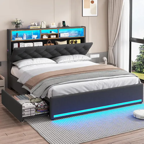 Miniatura 11 de HAUOMS Cama Twin con Cabecera de 3 Niveles y Almacenamiento Oculto, Marco LED Tapizado con 4 Cajones y Estación de Carga, Cama de Plataforma de Pu