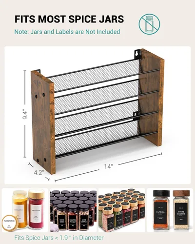 Miniatura 2 de NESAPTO Organizador de especias para gabinete, organizador de condimentos vertical de madera de 4 niveles, montaje en pared o estante de especias