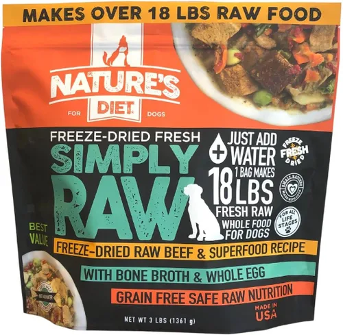 Nature's Diet Simply Raw - Comida integral liofilizada – Hace 18 libras de alimentos frescos con músculo, órganos, caldo de huesos, huevo entero,