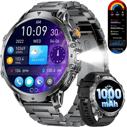 Miniatura 10 de LIGE Relojes inteligentes militares para hombre (3 bandas), reloj inteligente de pantalla grande HD de 1000 mAh/1.85 pulgadas, linterna/más de 110