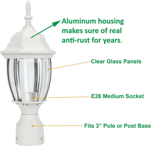 Miniatura 2 de LIT-PaTH Farol de poste de iluminación para exteriores, base mediana E26 máx. 60 W, carcasa de aluminio más vidrio, acabado blanco mate, paquete de 1