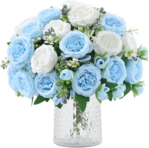 Miniatura 12 de MARTINE MALL 2 Paquetes de Flores Artificiales de Peonía, Flores Artificiales Azules de Peonía, Flores de Seda de Peonía, Flores de Peonía Falsas