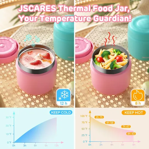 Miniatura 4 de JSCARES Frascos de Comida Aislados para Niños de 12oz para Comida Caliente, Frasco Térmico de Comida de Sopa de Boca Ancha Contenedor Térmico de Rosa