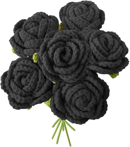 JOONOR 6 rosas tejidas a mano, ramo de rosas de ganchillo, flores artificiales de rosas negras tejidas a mano, adecuadas para aniversarios,