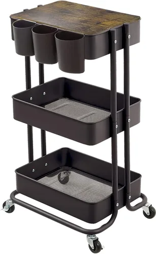 Mesa auxiliar de almacenamiento de 3 niveles de metal con tablero de cubierta y asa para oficina, hogar, cocina, organización, color negro