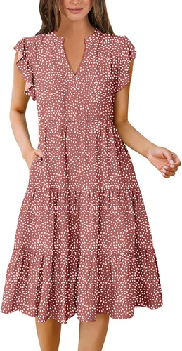 Miniatura 9 de ANRABESS Vestido de verano para mujer, manga con volantes, cuello en V, vestido midi a la moda, casual, holgado, escalonado, bohemio, playa