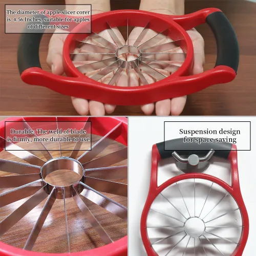 Miniatura 8 de Newness - Cortador de manzana extra grande de 5.12 pulgadas, cortador de manzana resistente de 16 rebanadas, descorazonador de manzana duradero, Rojo