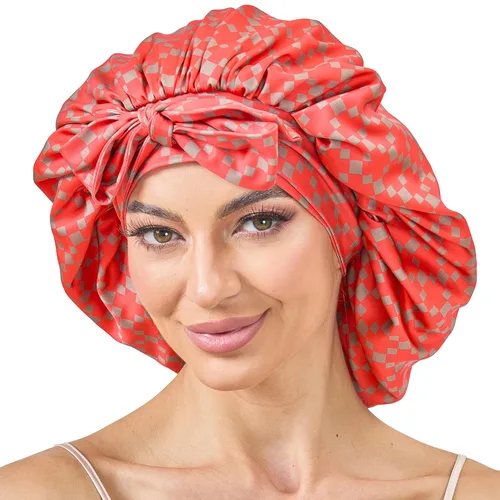 Miniatura 13 de Gorro de satén de seda con banda de amarre para dormir, para mujeres de cabello rizado: gorro de noche para cabello liso, ondulado, ensortijado, Rosa