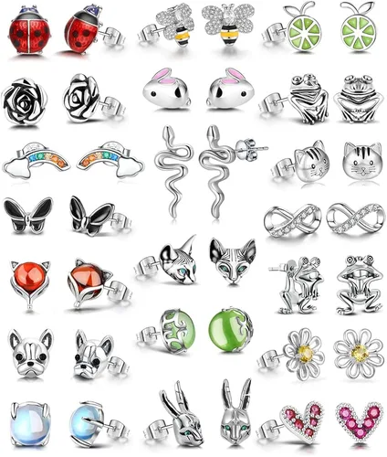 Juego de 20 pares de aretes de ópalo de acero inoxidable para mujeres y niñas, animales arco iris, mariquita, abeja, mariposa, gato, serpiente,