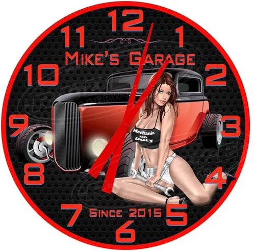 Garaje Pin Up Girl Rojo 18" Diámetro Aluminio Metal Reloj de pared redondo