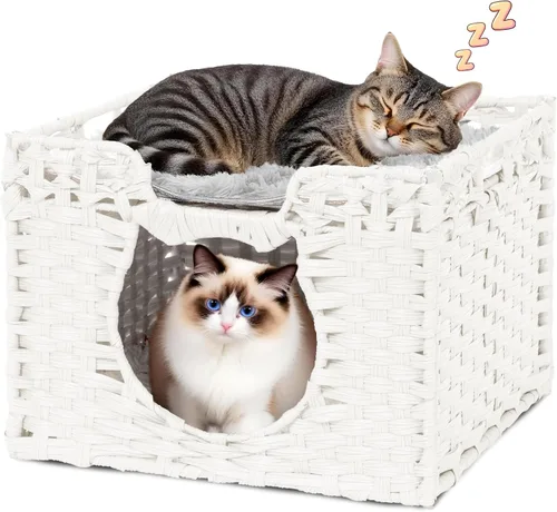 Cueva de ratán tejida a mano para gatos con dos cojines, camas para gatos, casa de gatitos interior, impermeable y plegable, color blanco, 16.5